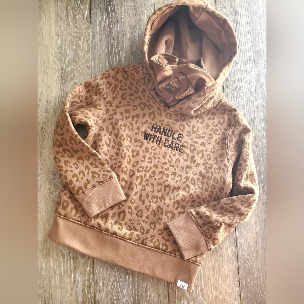 New Girl's GAP animal print brown hoodie, built-in neck cover Size 5
